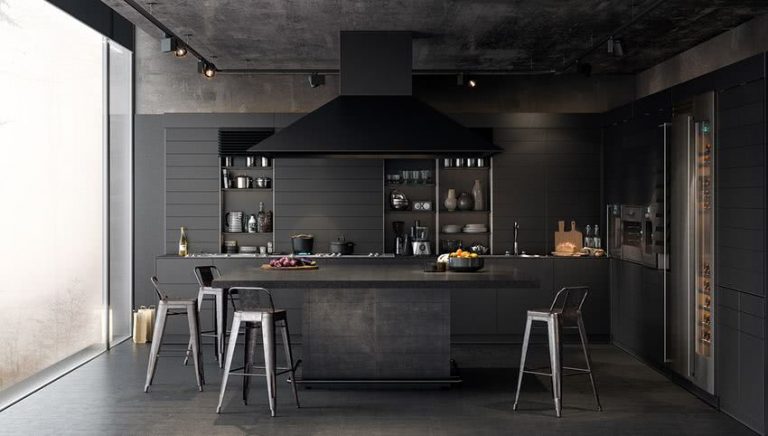 cocina con paredes, suelo y armarios en distintos tonos de negro y gris oscuro