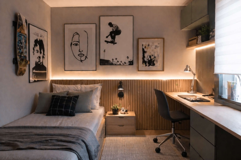 cuarto con luces cálidas y led, ocultas tras panel con cama de una plaza y escritorio