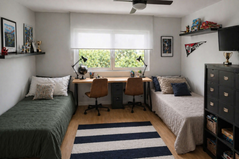 Dormitorio juvenil compartido por dos hermanos con dos camas individuales, escritorio doble bajo la ventana, decoración moderna en tonos neutros y luz natural abundante en un espacio ordenado y funcional