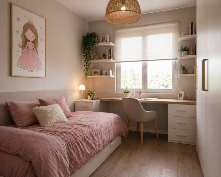 Dormitorio juvenil acogedor con cama individual en ropa de cama color rosa viejo, escritorio bajo la ventana y póster de dibujo infantil en la pared, en un ambiente luminoso y cálido