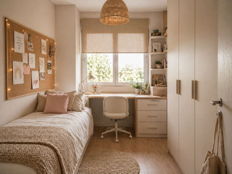 Dormitorio juvenil pequeño en tonos beige con cama individual, escritorio bajo la ventana, armario blanco y panel de corcho decorativo con dibujos sobre la cama, en un ambiente luminoso y acogedor