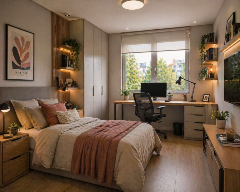 Dormitorio moderno para joven adulto con zona de home office, cama doble, escritorio con ordenador frente a la ventana, armario integrado y decoración cálida en tonos neutros