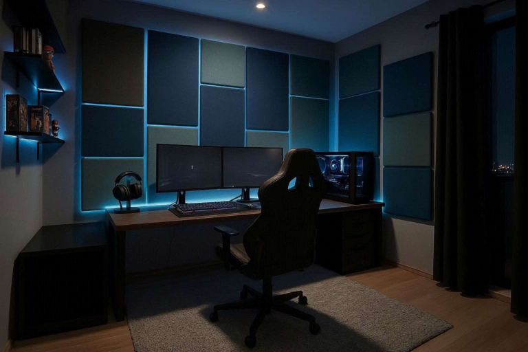 pared con paneles acústicos, luces led y un escritorio gamer